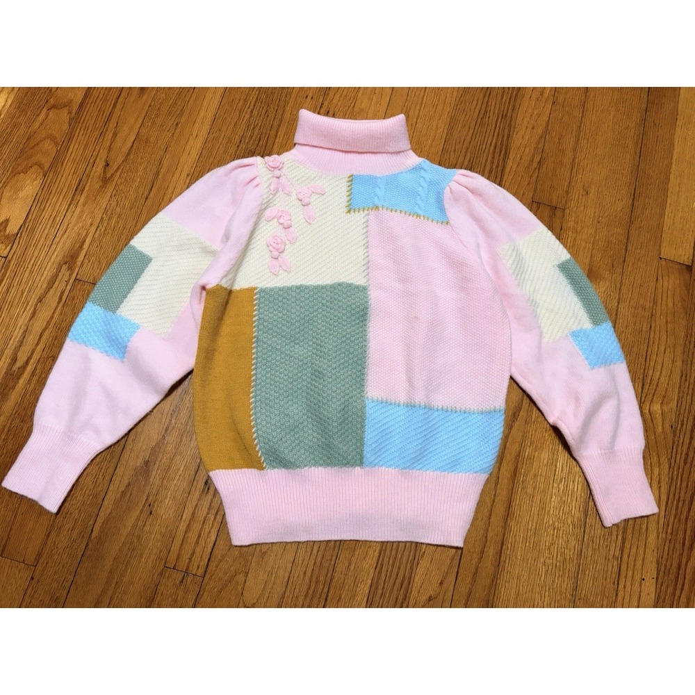 &Merci Patchwork Knitted Turtleneck Sweater Size Large Pastel Colors